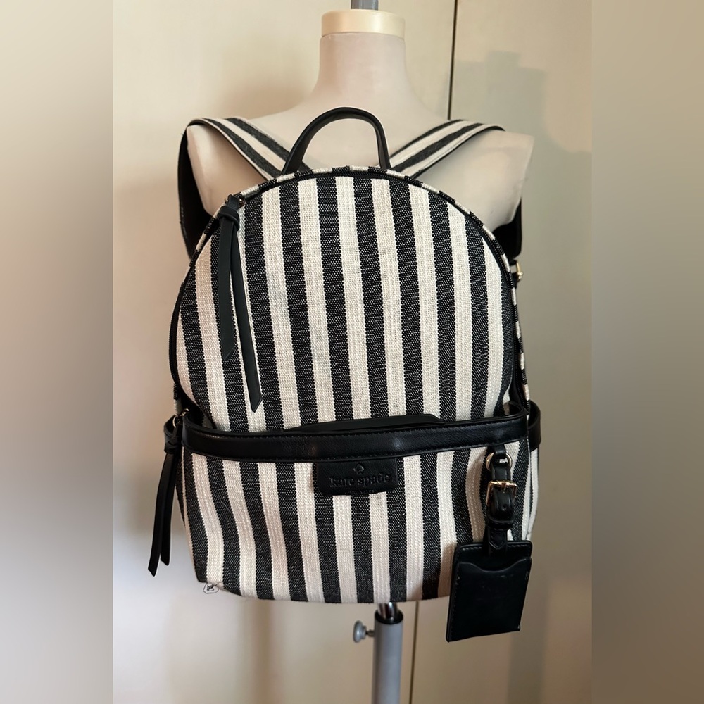 Kate Spade Black White Striped Canvas Carry-On Backpack Travel Medium Large